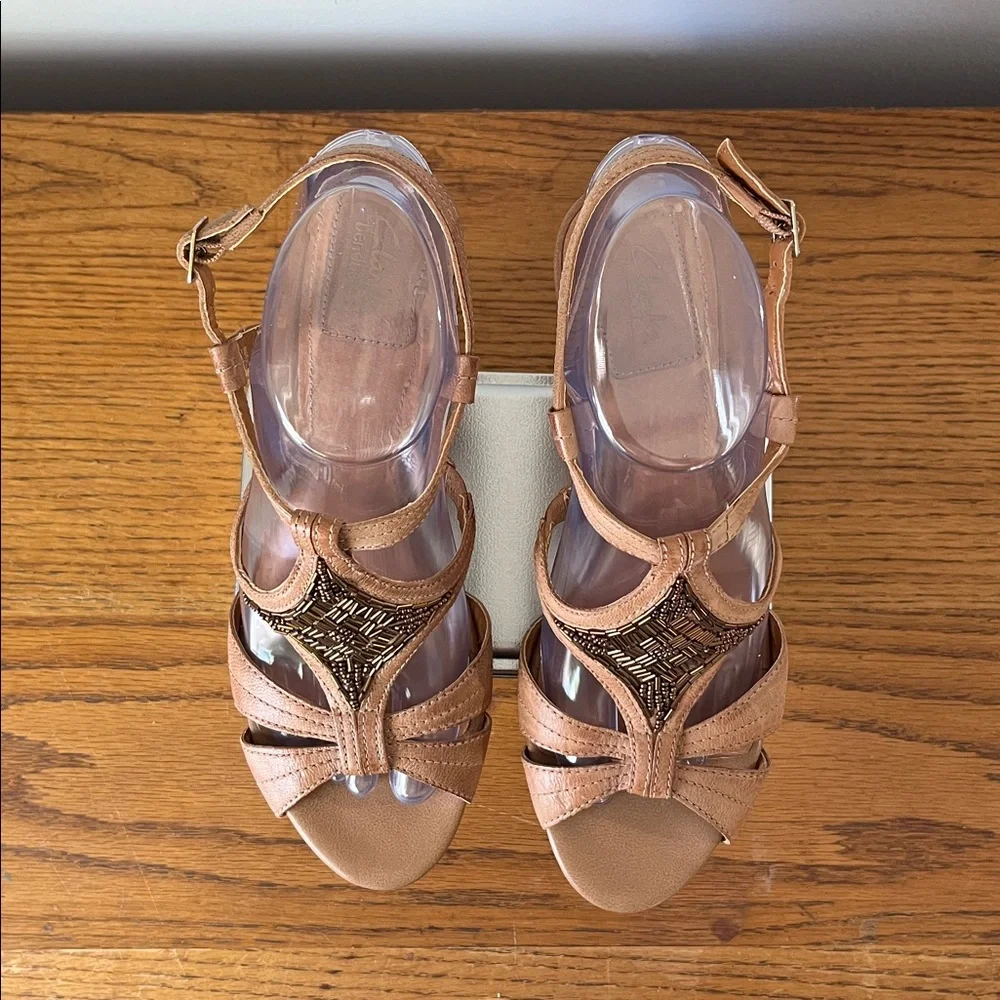 Clark Beaded Cork Wedge Leather Sandals Tan Brown Bronze Size 7.5